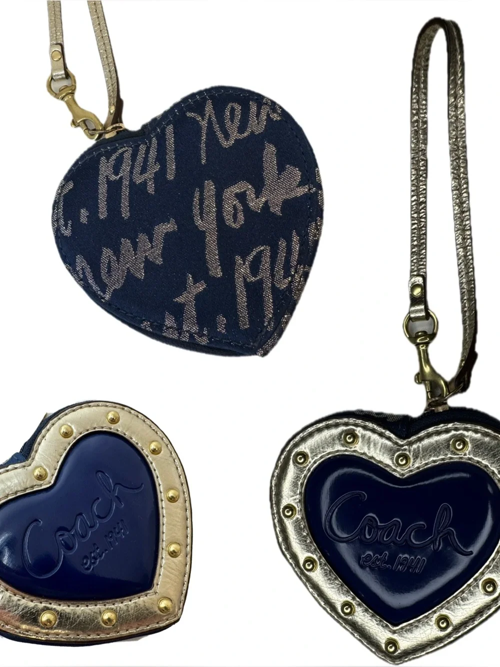 Coach Y2K Script Heart Navy And Gold Story Patch Heart Coin Bag Keychain Charm